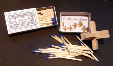 Miniaturzündholzschachtel Feuer &amp; Gordischer Knoten BxH 5x4 cm NEU Seiffen Holz