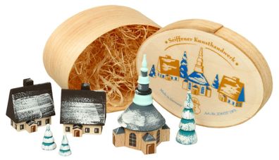 Miniaturfigur Spanschachtel mit Dorf Seiffen winterlich Höhe 7 cm NEU Spielzeug