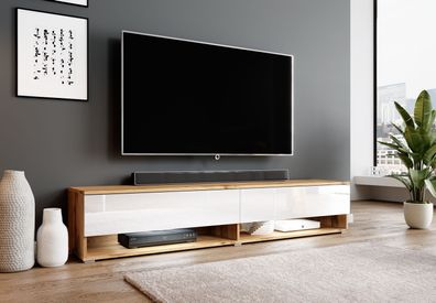 Furnix TV-Lowboard Kommode Alyx 180cm TV-Schrank Loft Design Wotan Weiß glänzend
