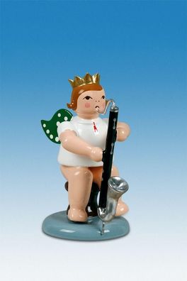 Holzfigur Engel sitzend mit Bassklarinette und Krone Höhe 6cm NEU Holzengel Instr