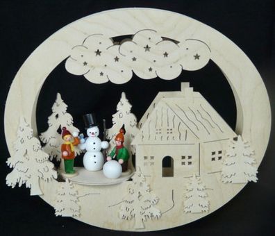 Fensterbild mit Haus Schneemann und Beleuchtung BxHxT 32x32x4cm NEU Lichterbogen