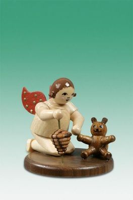 Holzfigur Engel mit Kreisel Teddybär natur ohne Krone Höhe 6,5cm NEU Holzengel In