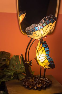 LumiLamp Tiffany Tischlampe 24x17x47 cm Blau Gelb Glas Kunststoff Schmetterlinge