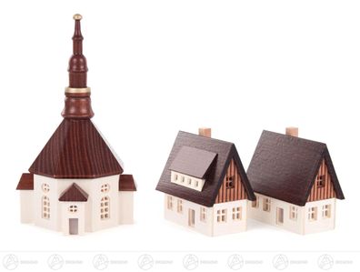 Miniatur Seiffener Kirche und 2 Häuser mit ausgefrästen Fenstern 7 cmx12 cmx7 cm