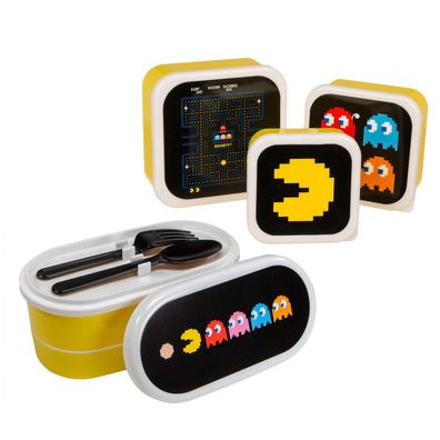 4er Set Pac-Man Lunchbox Brotdose Snackdose Pausenbrot Box mit Deckel Besteck