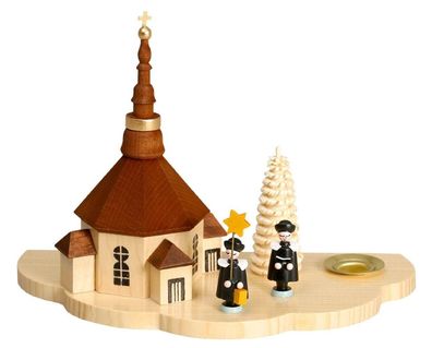 Kerzenhalter Lichthalter mit Seiffener Kirche + Kurrende natur Höhe ca 13cm NEU