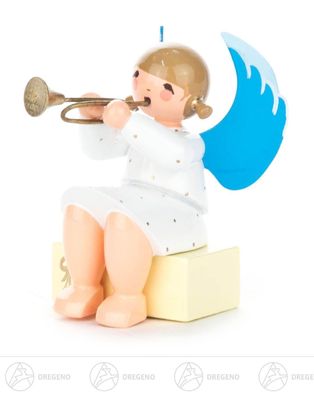 Engel mit Trompete auf Geschenkpaket sitzend H=ca 5,5 cm NEU Weihnachtsfigur