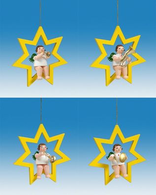 Christbaumschmuck Engel auf Stern mit Instrument 4 teilig ohne Krone Höhe 6cm NEU