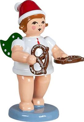 Holzfigur Bäckerengel mit Brezel und Krone Höhe 6cm NEU Holzengel Instrument Seif