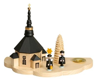 Kerzenhalter Lichthalter mit Seiffener Kirche + Kurrende dunkel Höhe ca 13cm NEU