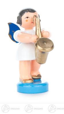Engel mit Saxophon stehend, blaue Flügel H=ca 5,5 cm Erzgebirge Weihnachtsfigur