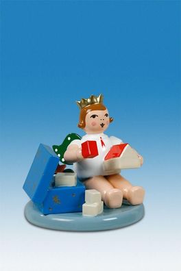 Holzfigur Engel sitzend mit Spielzeugkiste und Krone Höhe 6cm NEU Holzengel Instr