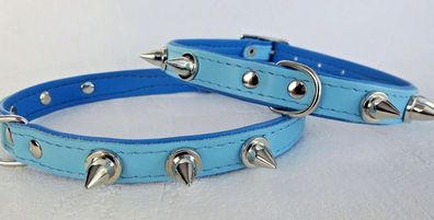 HUNDE Halsband - Halsumfang 25-30cm; Leder + Stacheln * für kleine Hunde BLAU
