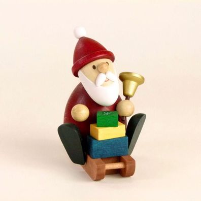 Holzfigur Weihnachtsmann mit Schlitten und Geschenken HxB 9,5x6,5cm NEU Seiffen