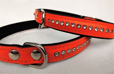 Hunde Halsband, Halsumfang 40-50cm/25mm, LEDER + Strass, ORANGE (PL.4-11-4-12)