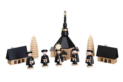 Weihnachtsfiguren Seiffener Kirche mit Kurrende und Baum Höhe ca 5cm NEU Holz