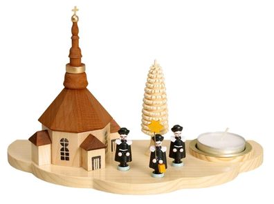 Kerzenhalter mit Seiffener Kirche + Kurrende natur Teelicht H 13cm NEU Teelicht