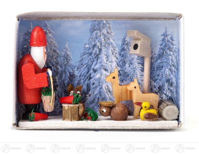 Miniatur Zündholzschachtel Weihnacht im Winterwald B= x H=ca 5,5 cmx4 cm NEU