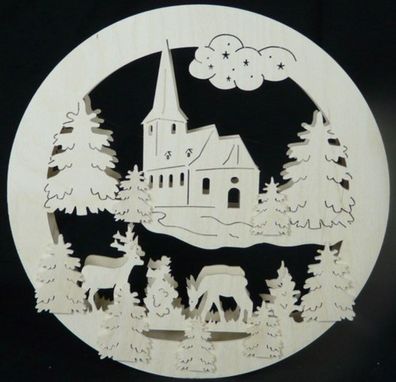 Fensterbild mit Kirche Rehe und Beleuchtung BxHxT 32x32x4cm NEU Lichterbogen Fens