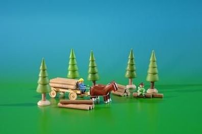 Miniaturdekoration Gespann mit Waldarbeiter Höhe 2,6cm NEU Haus Baum Figur Kirche