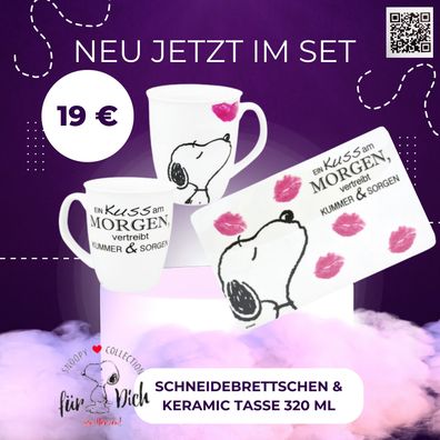 Tasse & Schneidebrettchen Snoopy - „Kuss am Morgen"