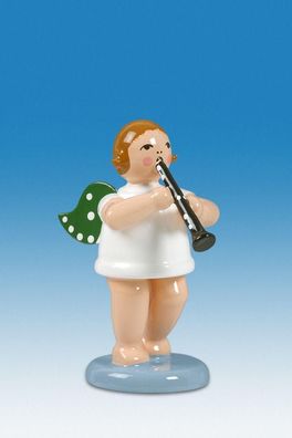 Holzfigur Engel mit Klarinette und Krone Höhe 6cm NEU Holzengel Instrument Seiffe