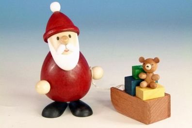 Holzfigur Weihnachtsmann mit Geschenkeschlitten HxBxT 9,3x6x5,1cm NEU Seiffen