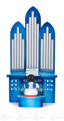 Engel an der Orgel sitzend, blaue Flügel BxHxT 9,5 cmx18,5 cmx7,5 cm Erzgebirge