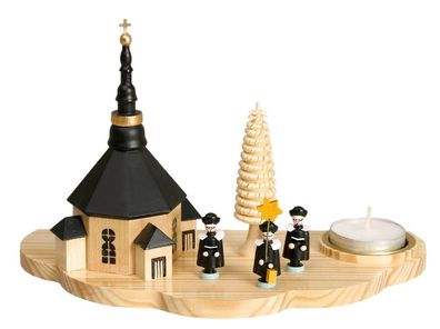 Kerzenhalter mit Seiffener Kirche und Kurrende dunkel Teelicht H 13cm NEU Holz