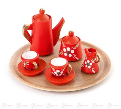 Spielzeug Mini-Kaffeeservice rund, rot mit Dekor (10) H=ca 3,5 cm NEU Erzgebirge