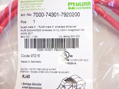 Murrelektronik 7000-74301-7920200 Shielded Ethernet 2M - ungebraucht! -