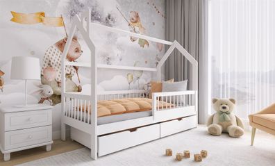 Hausbett Kinderbett NIKOLE 200x90cm Kiefer Massiv Weiß inkl. Rollrost