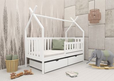 Hausbett Kinderbett DARLIN 200x90cm Kiefer Massiv Weiß inkl. Rollrost