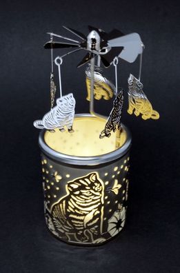 Windlicht Karussell Kätzchen Glas Votivglas Leuchtglas Katze Teelichthalter