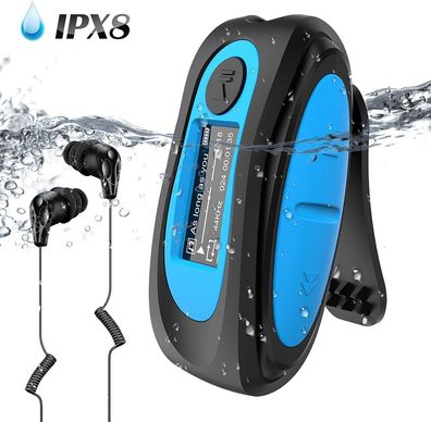 AGPTEK IPX8 Wasserdicht MP3 Player 8GB HiFi Player Schwimmen Tauchen Sport Blau