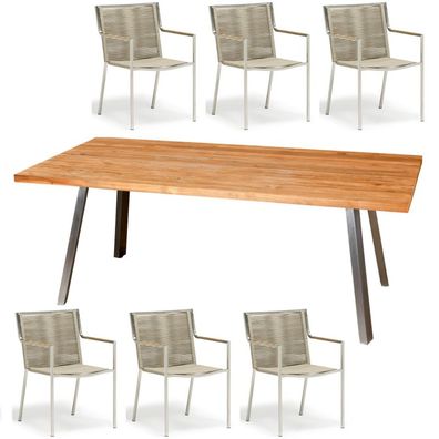 Inko Sitzgruppe Varuna Edelstahl/ Kordel/ Teak 200x100 cm Tisch mit Stapelsesseln
