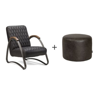 Bronx71 Ledersessel Ivy Industrial Design und Hocker Kyla anthrazit