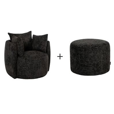 Bronx71 Sessel Ruby und Hocker Feline Chenille schwarz