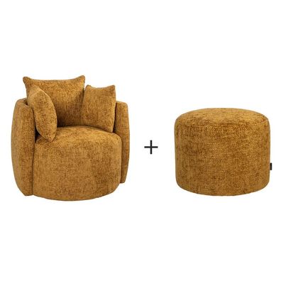 Bronx71 Sessel Ruby und Hocker Feline Chenille ockergelb/cognac