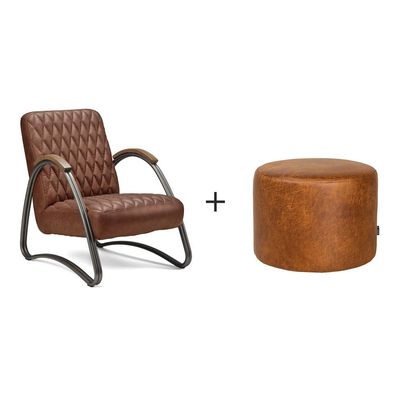 Bronx71 Ledersessel Ivy und Hocker Kyla Industrial Design cognac