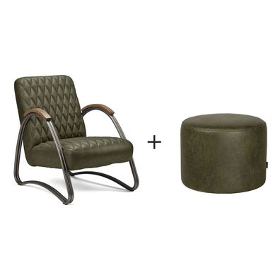 Bronx71 Ledersessel Ivy und Hocker Kyla Industrial Design olivgrün