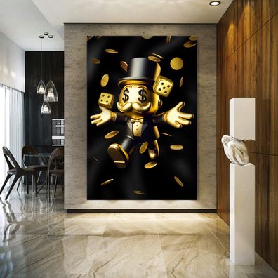 Wandbild Monopoly Man Dollar Geld Goldene Leinwand , Acrylglas oder Poster