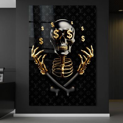 Wandbild Goldene Skeleton Dollar Luxus Louis V Marke Leinwand , Acrylglas , Poster