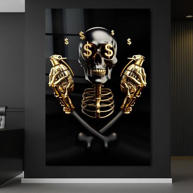 Wandbild Goldene Skeleton Dollar Luxus Louis V Marke Acrylglas , Leinwand , Poster