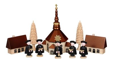 Weihnachtsfiguren Seiffener Kirche mit Kurrende und Baum natur Höhe ca 13cm NEU