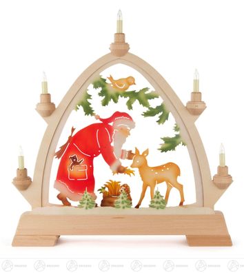 Rundbogen Weihnachtsmann mit Reh farbig, elektrisch beleuchtet 42x42,5x6,5cm