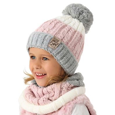 Mädchen Wintermütze Strickmütze mit Schlauchschal Winterset Bommelmütze