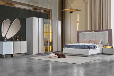 Komplette Schlafzimmermöbel Doppelbett Bett Weiß Luxus Set 7tlg Holz