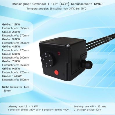 Elektroheizstab 1,5 2,5 3 4,5 6 7,5 9 12 KW Heizstab Heizpatrone Pufferspeicher