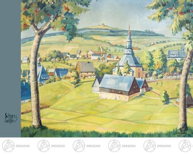 Künstlerkarte Max Schanz \"Farben des Gebirges\", Seiffener Dorf NEU